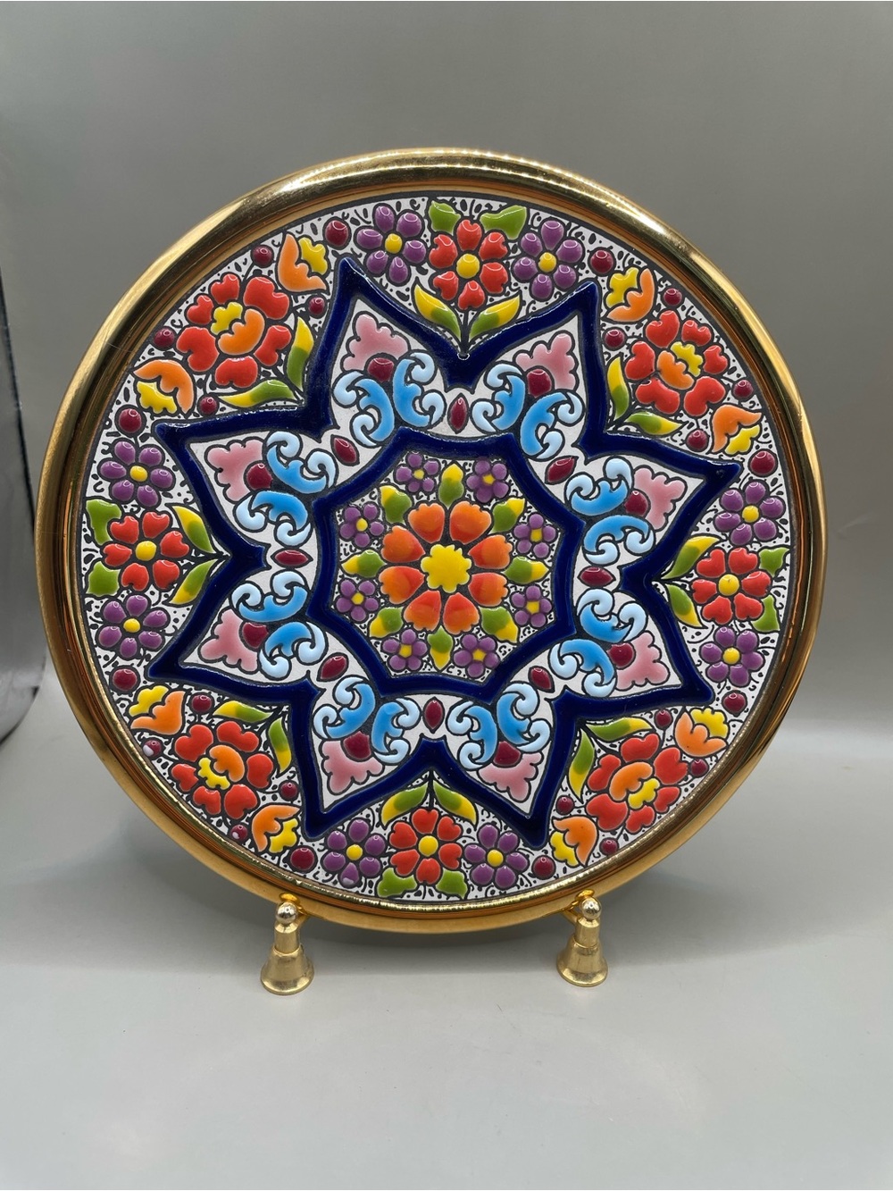 Vintage Ceramica Cearco Hand Painted Spanish Floral 6.5” 24K Gold Plate Rim